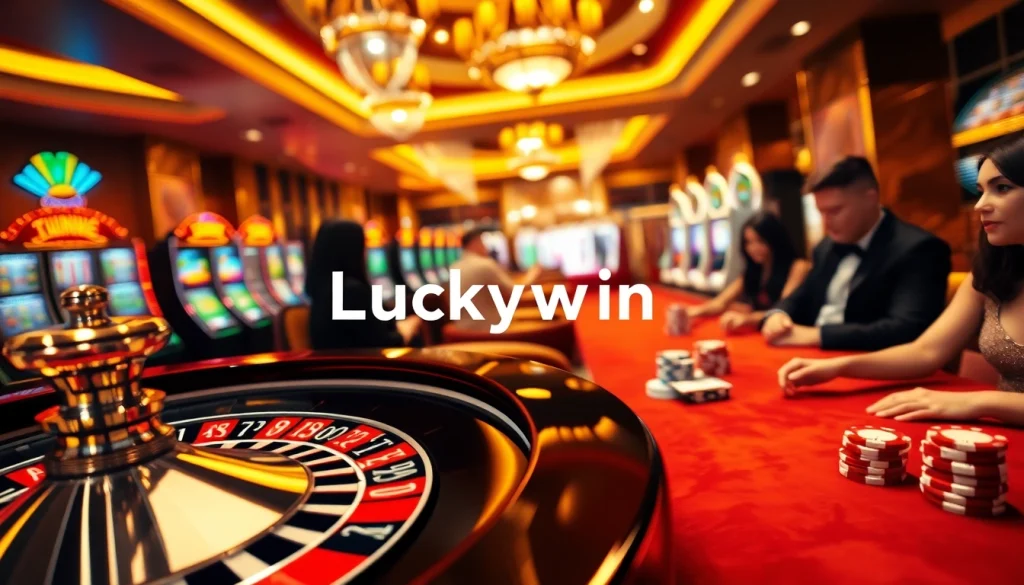Engaging scene of players at Luckywin casino tables with roulette wheel and sparkling poker chips