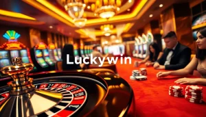 Engaging scene of players at Luckywin casino tables with roulette wheel and sparkling poker chips