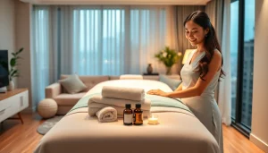 출장마사지 service setup in a relaxing modern living room with professional therapist.