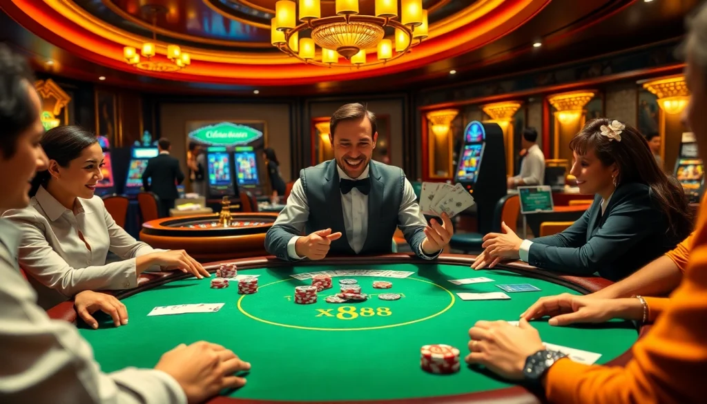 Players enjoying a thrilling poker game at XX888 casino, showcasing excitement and luxury.