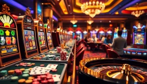 Exciting slot 365 gameplay showcased amidst high-end casino elements like vibrant slot machines and elegant tables.