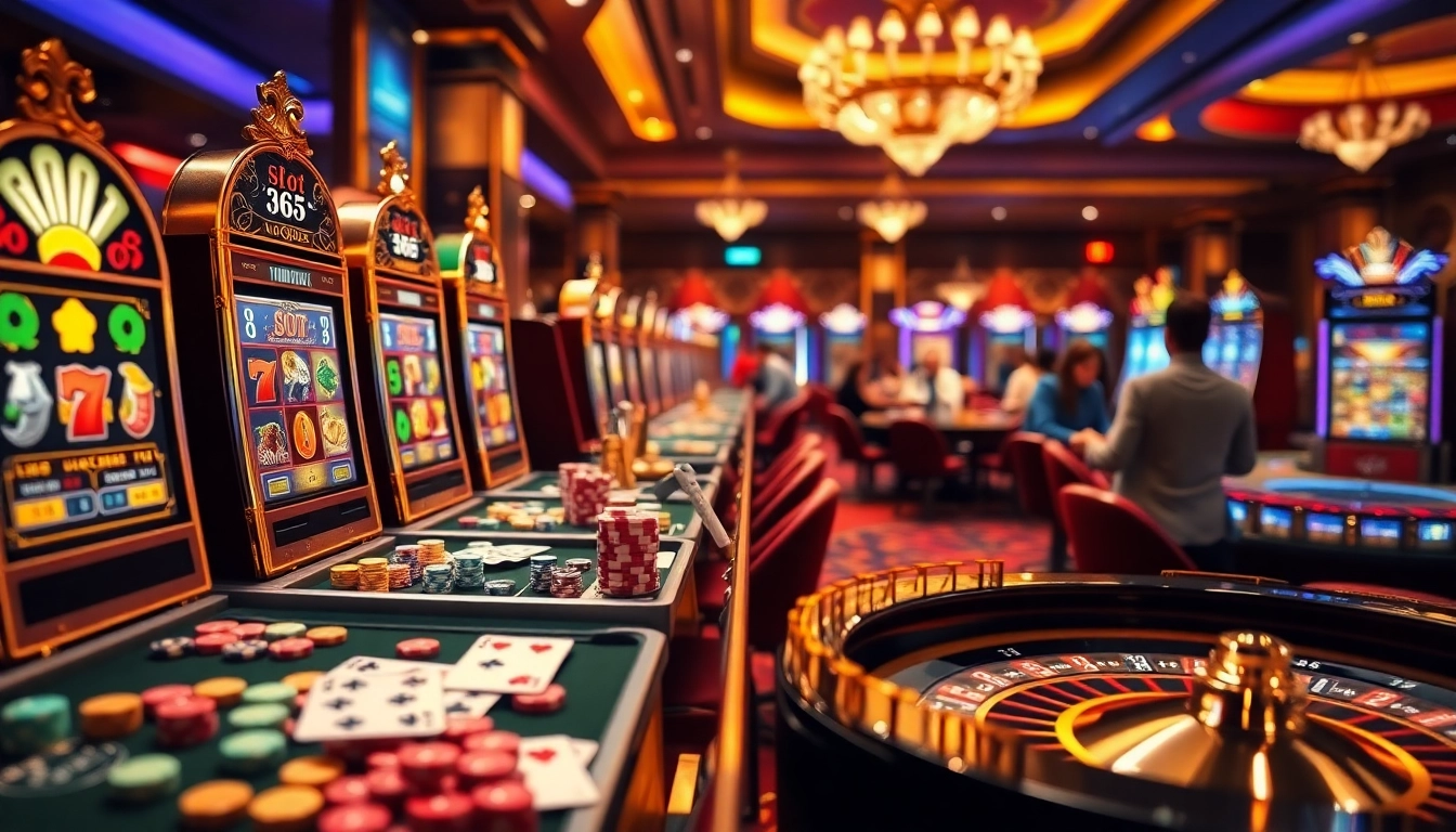 Exciting slot 365 gameplay showcased amidst high-end casino elements like vibrant slot machines and elegant tables.