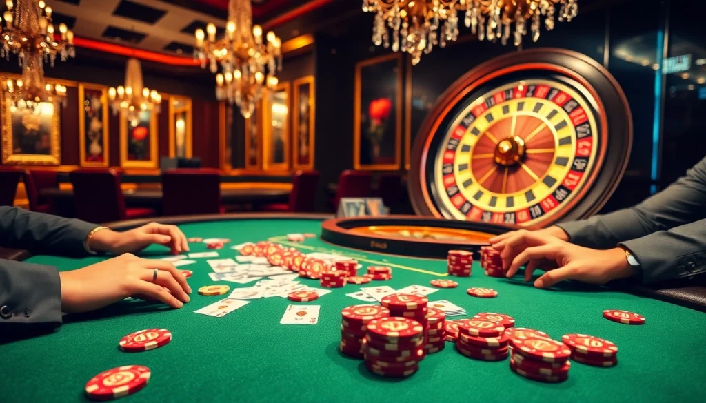 Players engaged in an exciting poker game at a luxurious casino table showcasing 88t chips.
