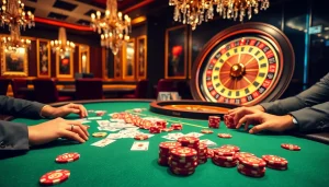 Players engaged in an exciting poker game at a luxurious casino table showcasing 88t chips.