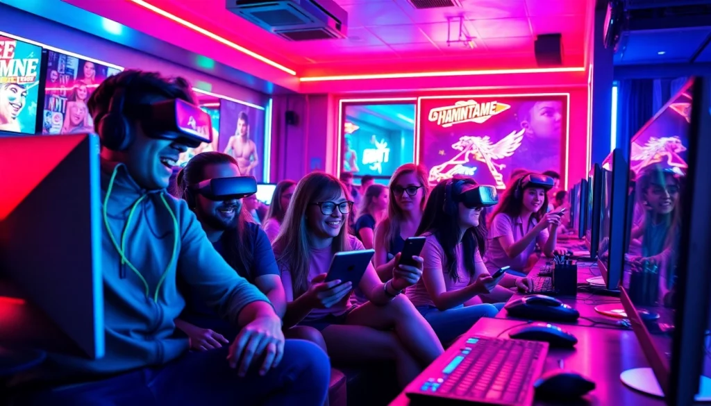 Exciting scene of gamers enjoying a sex game in a vibrant lounge setting.