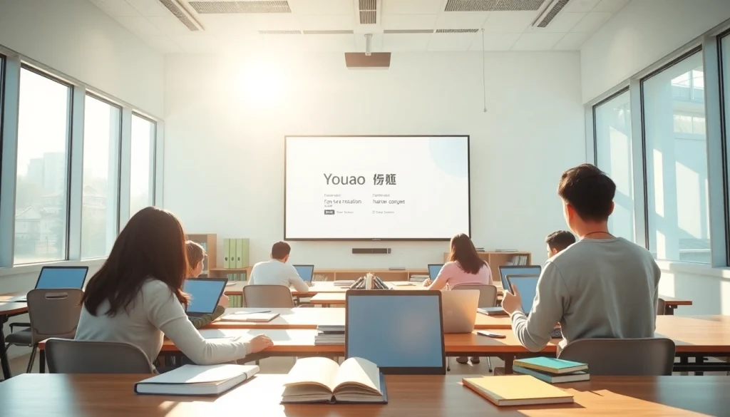 Engaging classroom showcasing Youdao language learning technology with students using digital devices.