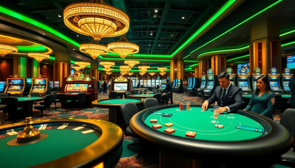 Experience high-stakes gaming at go8, showcasing a vibrant casino scene with poker tables and roulette wheels.