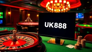 Engaging gamblers with the UK88 link in a vibrant online casino atmosphere featuring a roulette wheel and poker table.