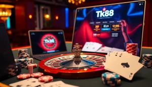 Experience luxury and excitement with Tk88 chính thức casino scene featuring vibrant roulette wheel and poker elements.