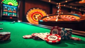 Engaging casino scene showcasing PS 99 with poker chips and roulette, capturing excitement.
