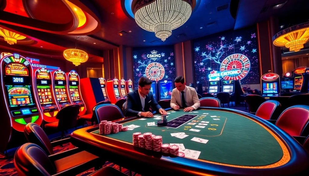 Experience the thrill of OKKING đăng nhập with vibrant casino gaming, showcasing poker and slot machines.
