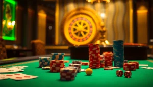 Playing at a premium gg88 gaming table with poker chips, cards, and a roulette wheel.