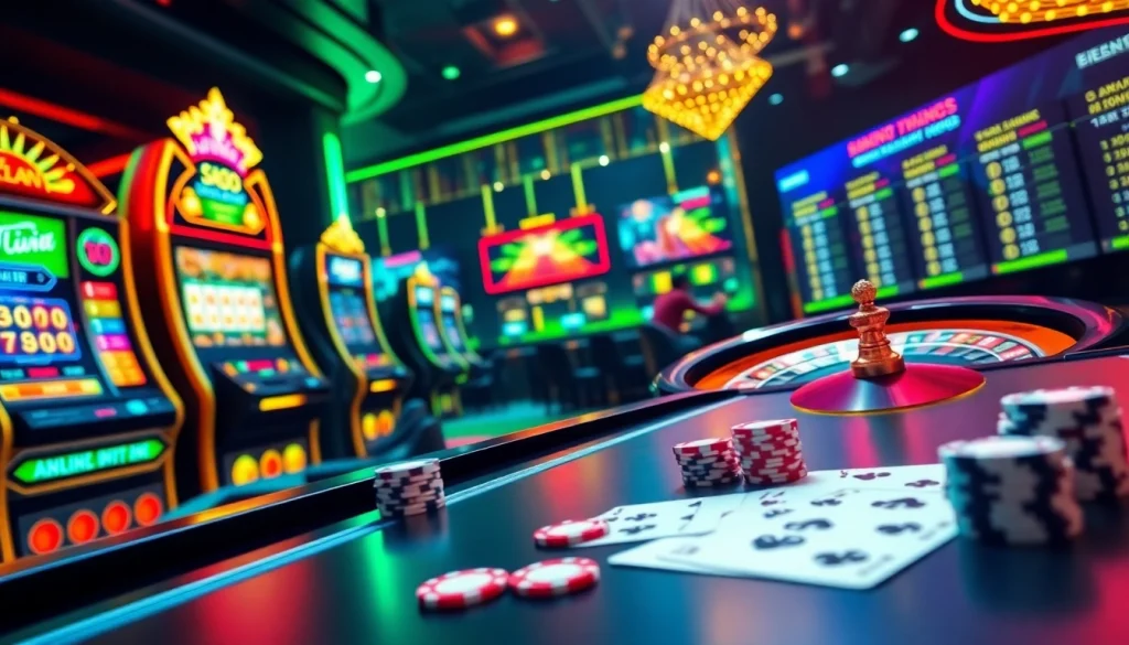 Situs naga169 engaging online gambling scene showcasing slot machines and poker cards