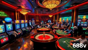 Experience the thrill of casino gaming with 688v, featuring vibrant slot machines and excited players.