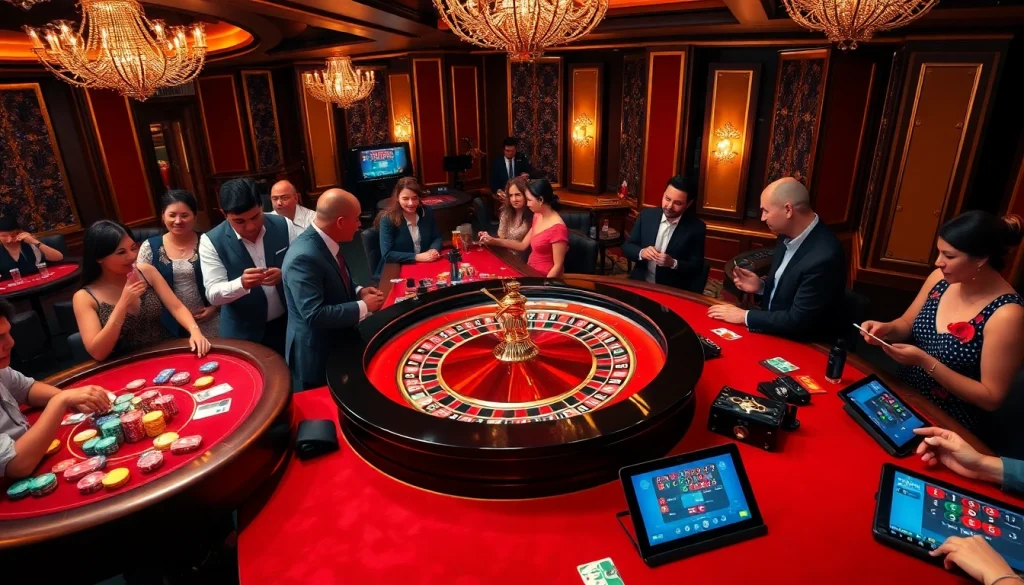 Gamblers engaging at a luxurious casino table while experiencing gilajp's thrilling gaming atmosphere.