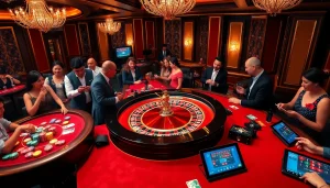 Gamblers engaging at a luxurious casino table while experiencing gilajp's thrilling gaming atmosphere.
