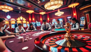 Experience the thrill of gambling at a casino featuring vn168 with vibrant poker chips and lively gameplay.