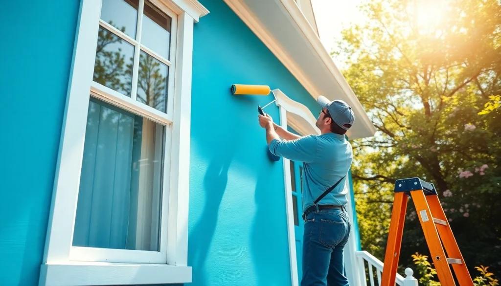 Professional painter applying vibrant blue paint illustrating quality Painting Services.