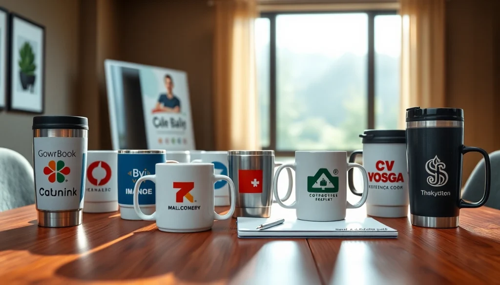Prekės ženklo puodeliai, įskaitant puodelius su logotipu, meistriškai išdėstyti profesionalioje biuro aplinkoje.