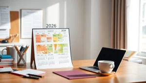 Printable calendar 2026 design showcasing holidays in a professional workspace.