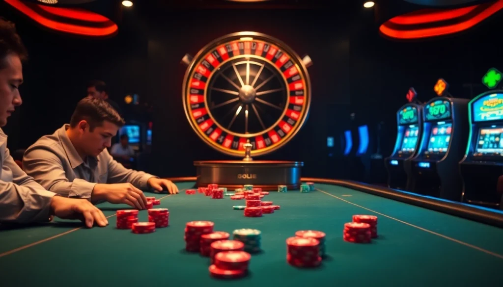 Một người chơi chiến thắng tại bàn poker khi đang tận hưởng ứng dụng cg79, được bao quanh bởi những đồng chip poker sặc sỡ và bánh xe roulette.