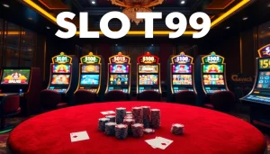 SLOT99 showcases an array of vibrant slot machines in a luxurious casino setting, inviting gamblers to play and win.