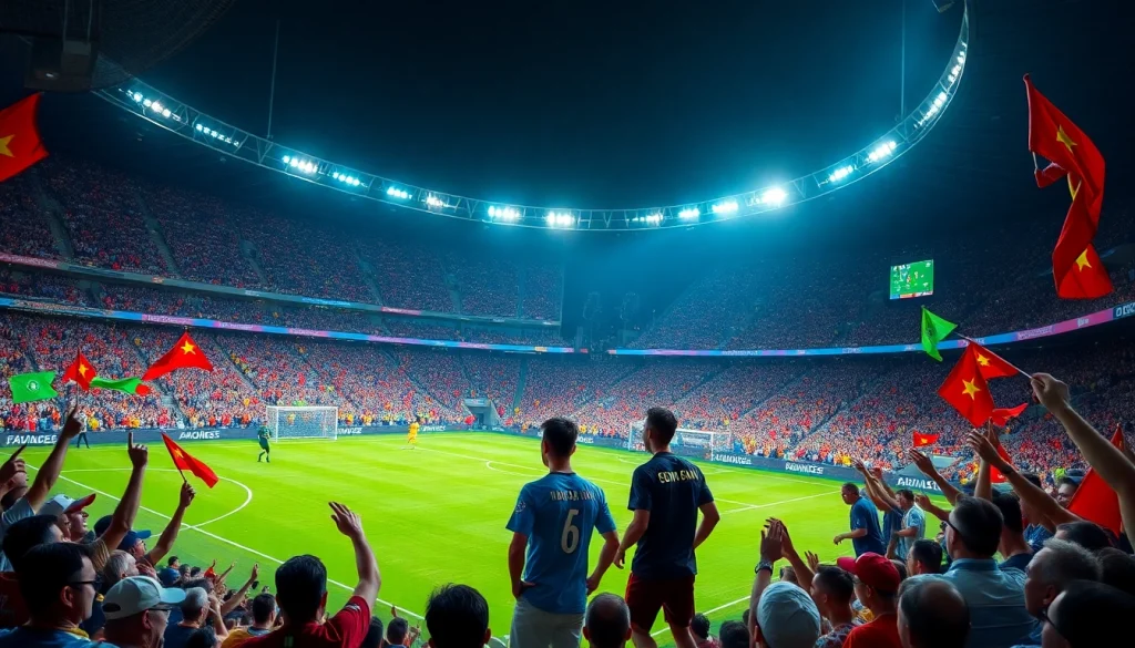 Giao hữu Quốc tế 2026 trực tiếp tỉ số, kết quả during an exciting football match with fans cheering in a lively stadium.