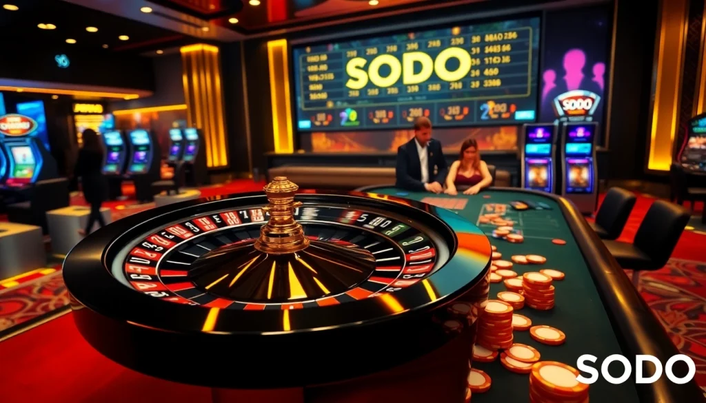 Experience the thrill of SODO casino gaming with vibrant roulette and blackjack tables.