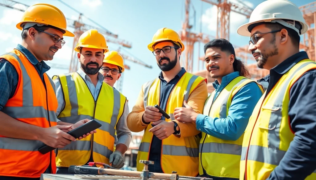 Engaged construction workers participating in construction safety training at a vibrant job site.