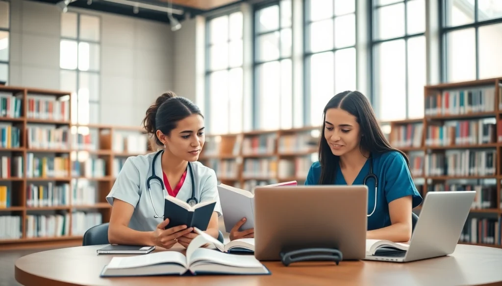 Nursing midwifery coursework assistance with students collaborating in a library setting.