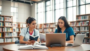Nursing midwifery coursework assistance with students collaborating in a library setting.
