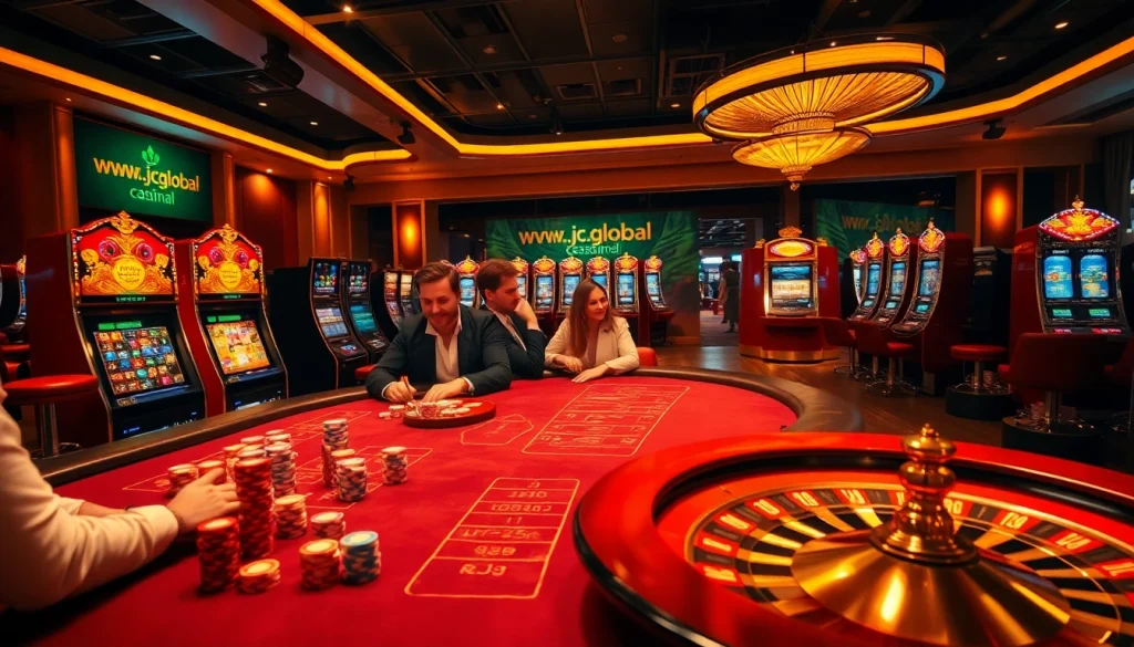 Exciting casino scene showcasing gaming tables and slot machines with www.kjc.global branding for immersive betting experience.