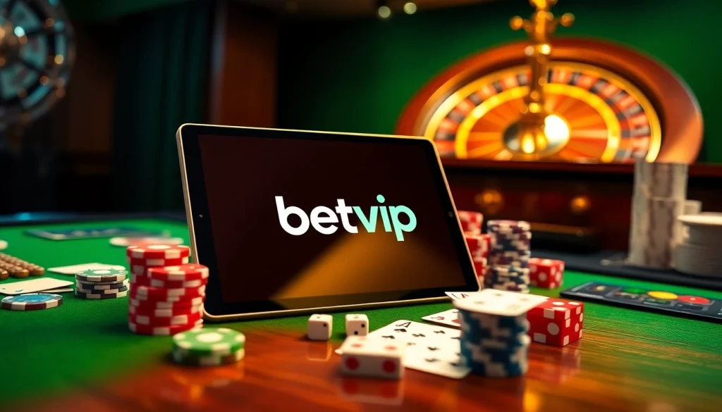 Giao diện cá cược betvip được bao quanh bởi các quân chip và các lá bài trong một casino sang trọng.