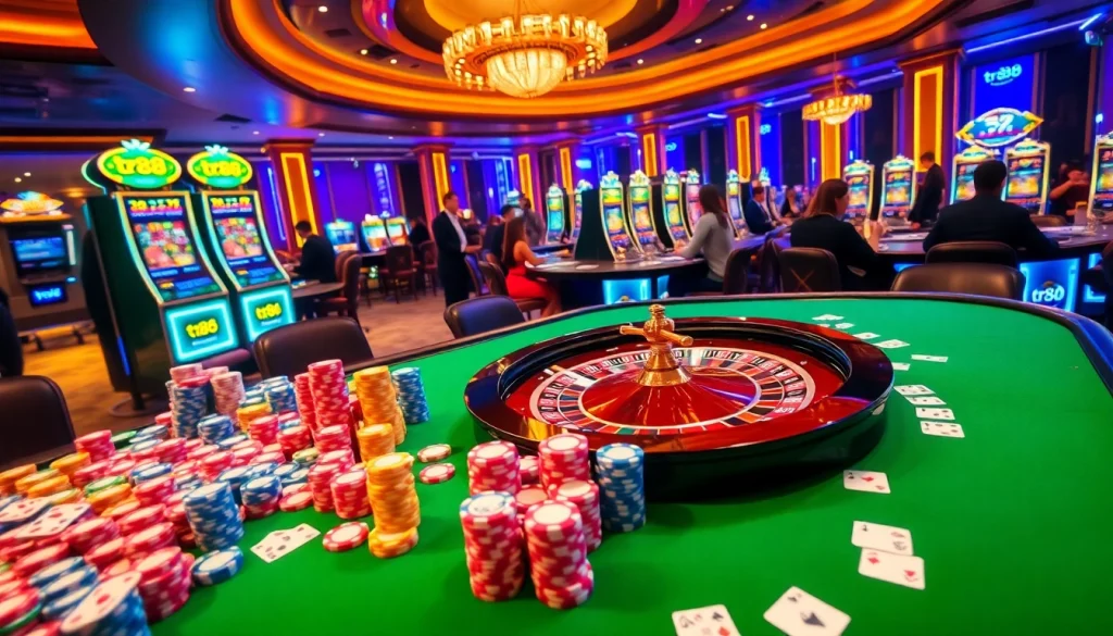 Experience the excitement of tr88 in a luxurious casino scene with poker chips and a roulette wheel.