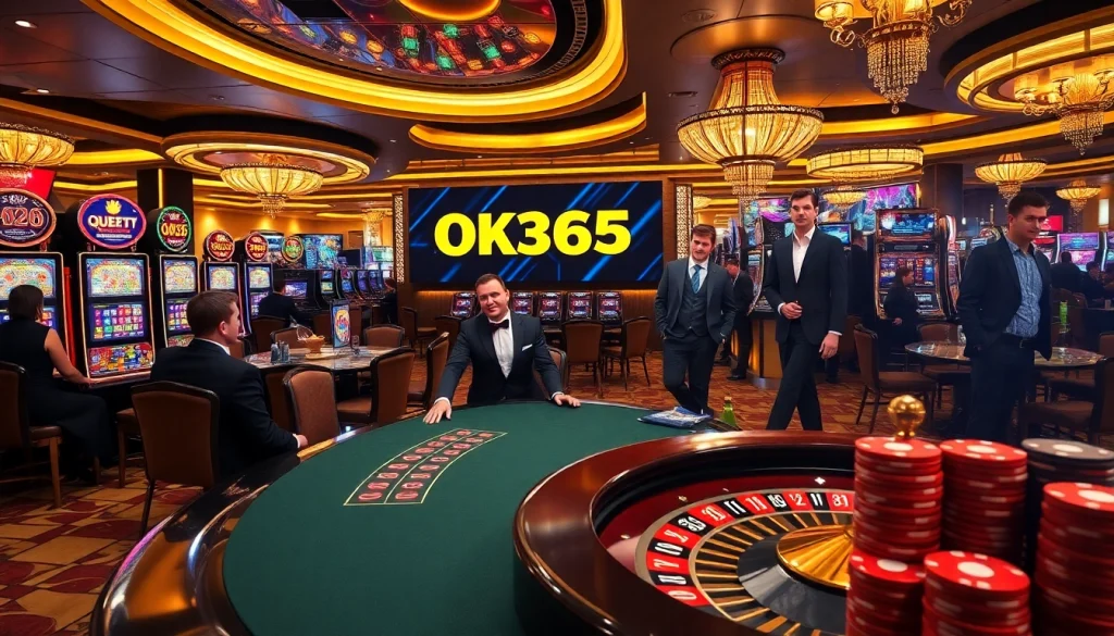 Experience thrilling gaming action at OK365, showcasing vibrant slot machines and poker tables.