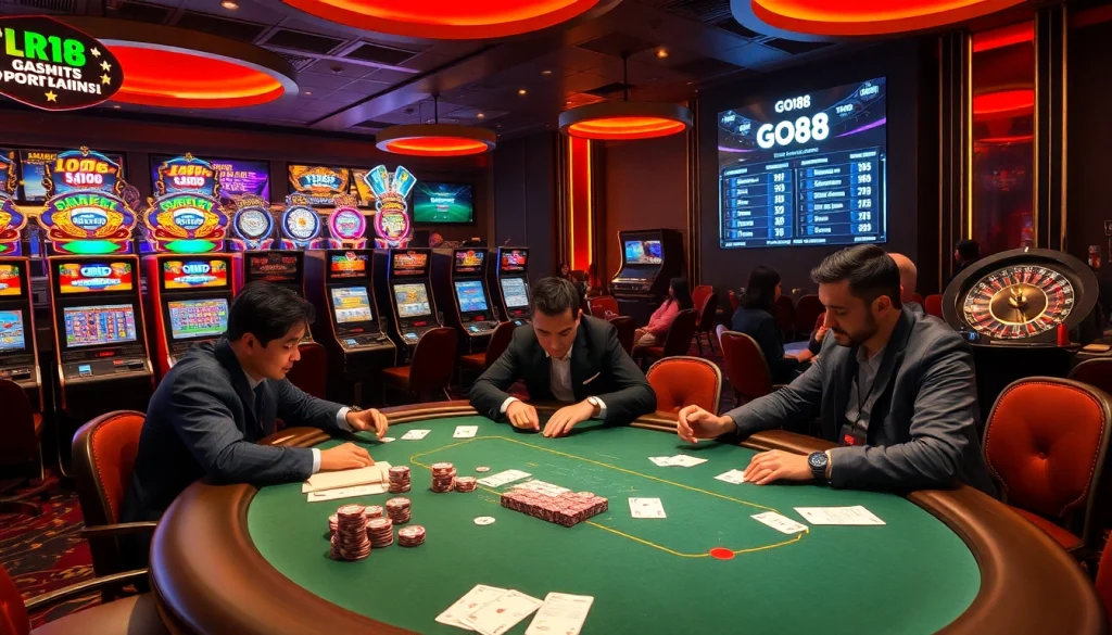 GO88 poker players at an exciting casino table with vibrant slot machines.