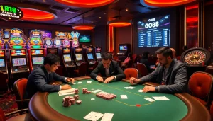 GO88 poker players at an exciting casino table with vibrant slot machines.
