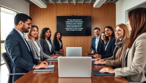 Nonprofit executives collaborating on leadership strategies at https://scionexecutivesearch.com/ in a modern conference room.