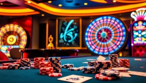 Experience thrilling gameplay at U888 casino with a vibrant roulette wheel and poker chips.