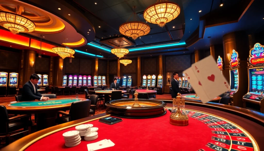 Players enjoying a thrilling gambling experience at 8fly886.com with poker chips, cards, and slot machines.
