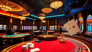Players enjoying a thrilling gambling experience at 8fly886.com with poker chips, cards, and slot machines.