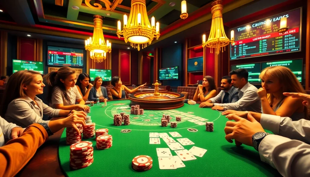 Engaged players at a vibrant poker table, showcasing the excitement of gambling at https://rr88.navy/ with chips and cards.