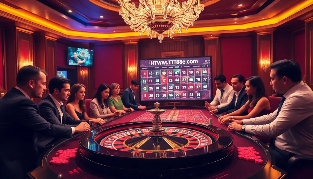 Exciting casino scene with players at the roulette table showcasing the https://tt88.de.com gambling experience.