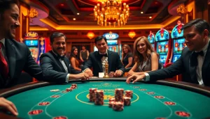 Excited players engaging at a blackjack table in a luxurious casino setting at https://11win.br.com/ showcasing thrilling gambling action.