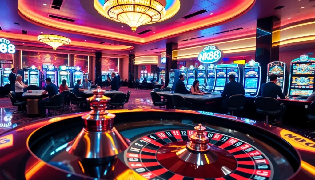 Players engaging in thrilling games at a luxurious casino with NK88-themed decor.