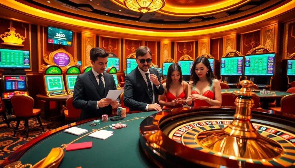 Excited players engaging in sports betting while reviewing kèo nhà cái odds at a luxe casino setting.