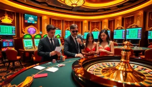 Excited players engaging in sports betting while reviewing kèo nhà cái odds at a luxe casino setting.