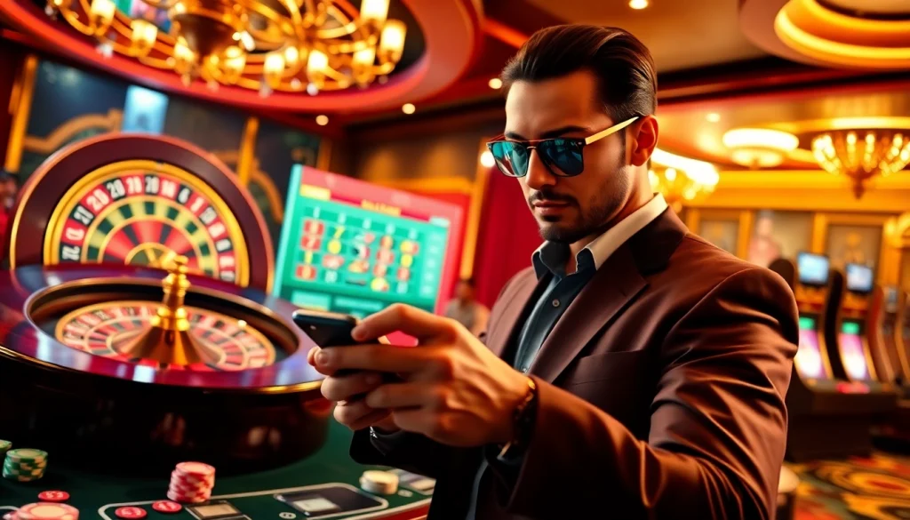 Action shot of a player using https://i9bet.ren/ on their smartphone at a casino table filled with chips and a roulette wheel.