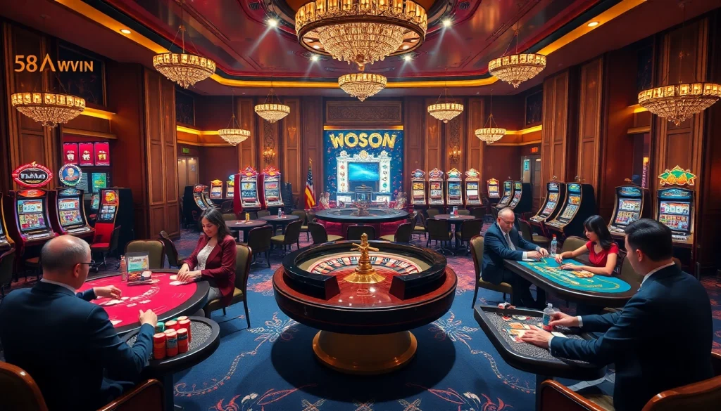 Players enjoying a thrilling game at 58win's luxurious casino tables amid glowing lights.