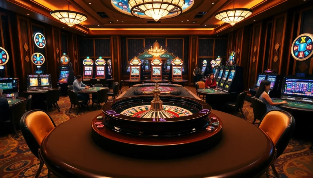 KJC casino scene with vibrant slot machines and excited players at poker tables.